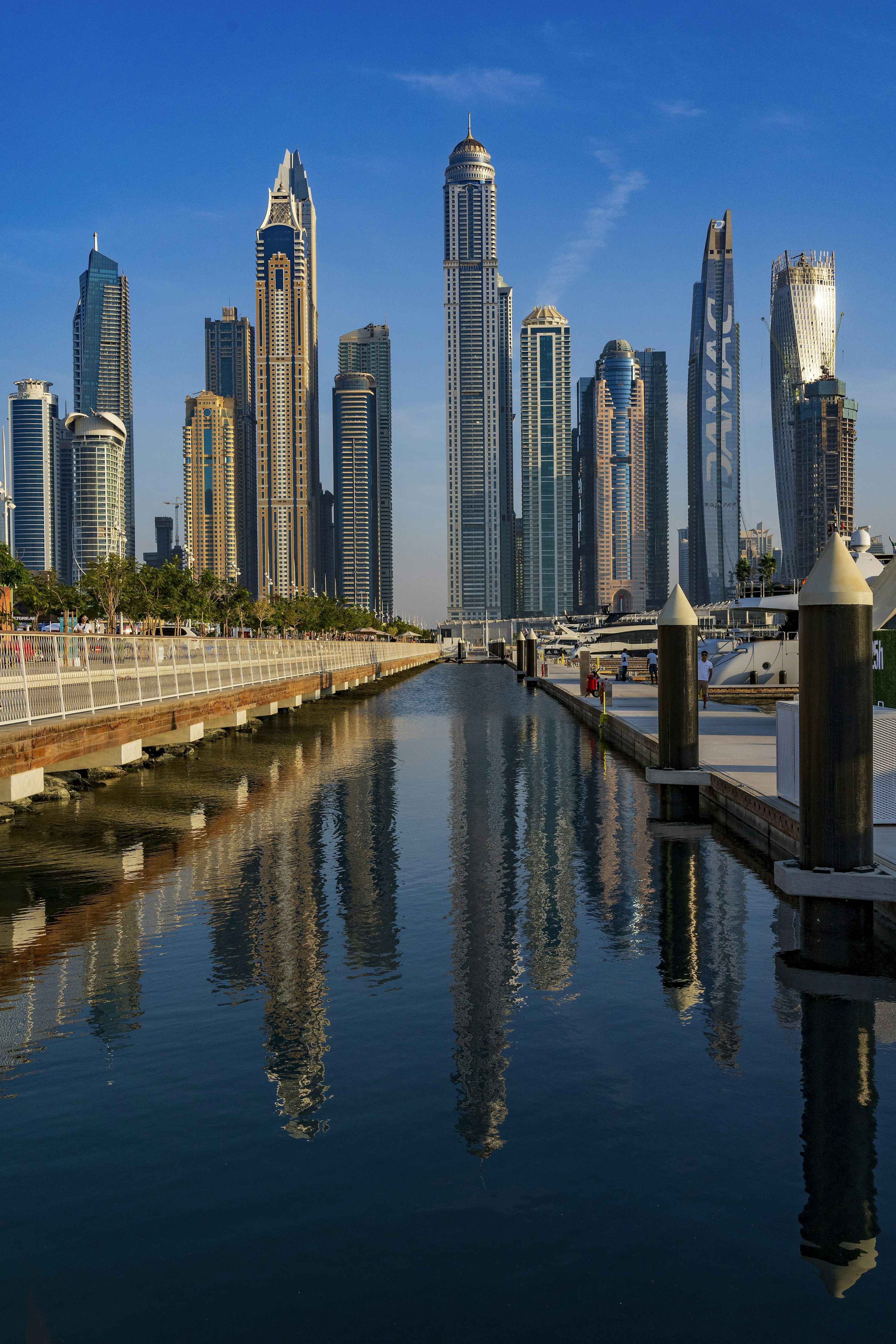 Body of water with city background